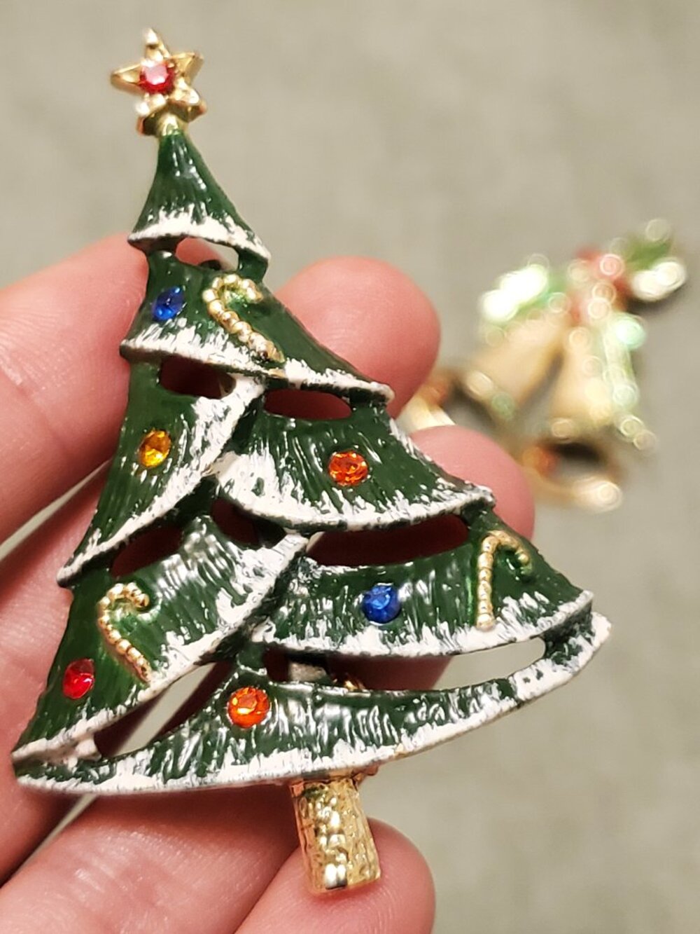 Vintage BJ Beatrix Signed Green Enamel Christmas Tree Brooch Pin & bell brooch